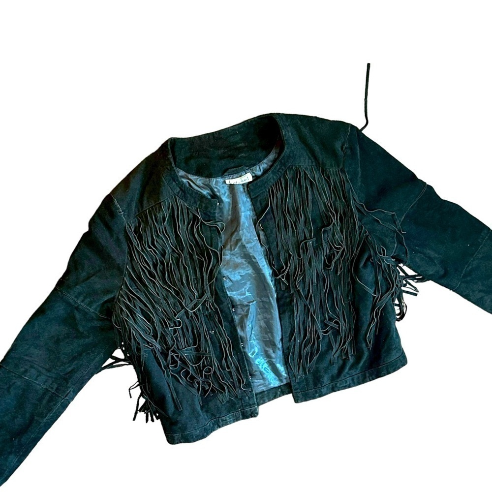Black Suede Fringed Leather Moto Biker Jacket Womens Small